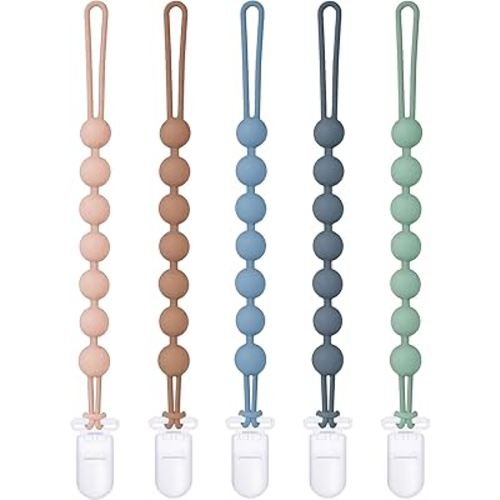 Silicone Pacifier Clip, 5-Pack Pacifier Clips for Boys, One-Piece Soft Flexible Binky Clips Paci Holder with Rust-Free, Newborn Baby Girls Boy Essentials for Teething Relief,Gifts for Xmas Baby Shower
