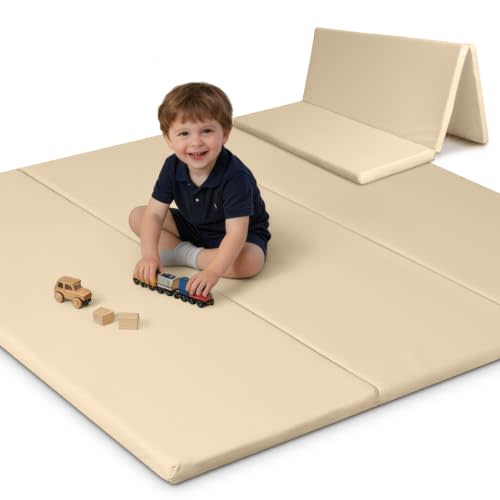 SEPARO Thick Trifold Baby Play Mat,Soft Vegan Leather 47x47 Play Mat for Playpen,Foldable Tummy Time Foam Floor Mats,Waterproof & Wipe-Clean for Toddler,Kids & Infants Playroom,Khaki