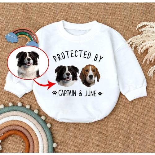 Personalized Dog Lover Romper Sweatshirt,Custom Pet Portrait Kids Outfit,Protected By Dog Names Gift,Baby Pet Lover Clothes,Unique Gift Idea