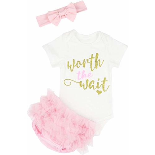 3PCS Newborn Baby Girl Worth The Wait Romper Jumpsuit Bodysuit +Tutu Pants Shorts +Headband Outfit Set