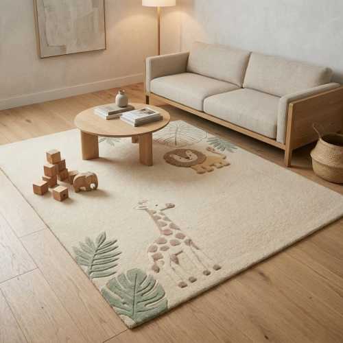 Safari Nursery Rug Hand Tufted Wool Kids Area Rug, Neutral Jungle Lion Giraffe Decor, Sage Green Cream Playroom Carpet Custom Size Available