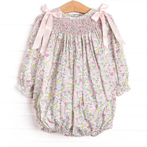Bow Me Away Smocked Bubble, Green and Pink Floral – Stitchy Fish