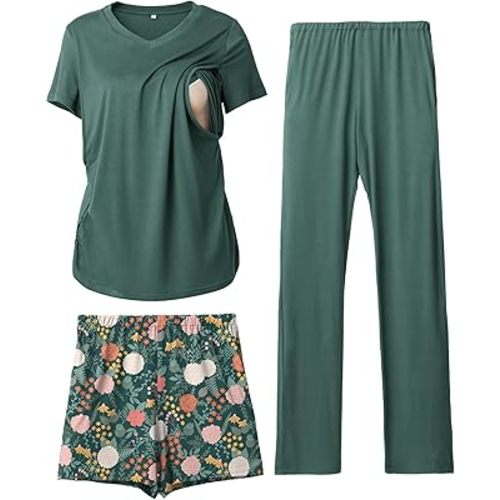 Rnxrbb 3 Piece Women's Maternity Nursing Pajamas Set V Neck Breastfeeding Pjs Sleepwear Postpartum Shorts&Pants Pockets