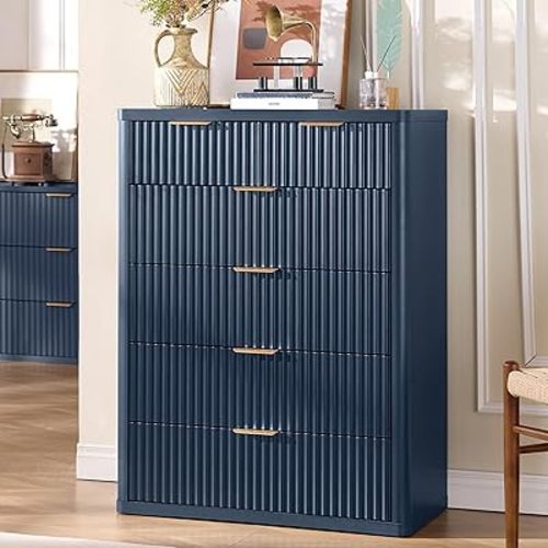 LEYAOYAO Fluted 6 Drawers Dresser for Bedroom, 42" Tall Modern Chest of Drawers with Metal Handle, Curved Profile Design,Navy Blue Wood Drawer Organizer for Bedroom, Living Room, Hallway, Entryway