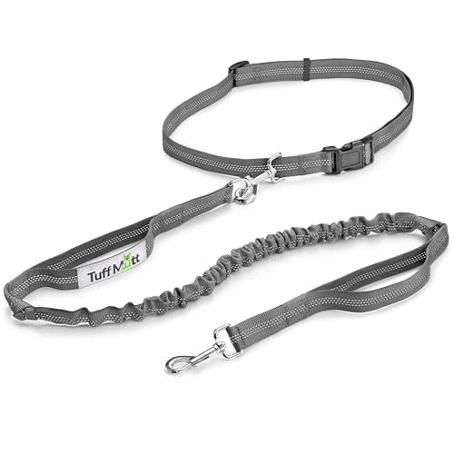 Tuff Mutt Waist Hands Free Dog Leash for Walking Running Hiking | Waist Leash with Bungee, Adjustable Belt, Reflective Double Handle Design, Carabiner Clip, For Medium & Large Dogs