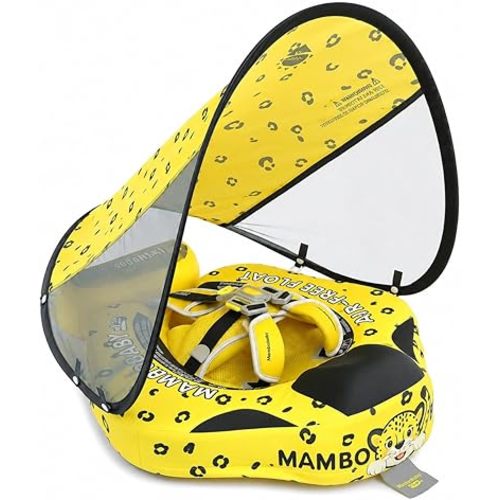 Mambobaby Baby Pool Float with Canopy, Non-Inflatable Infant Baby Swim Float Trainer with Safe Seat & Tail Support for Toddler, Mambo Baby Float Solid UPF 50+ Sun Protection