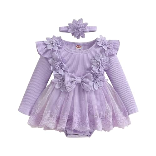ZAXARRA Infant Baby Girl Romper Dress Baby Dress Romper Flowers Lace Fall Winter Clothes with Headband