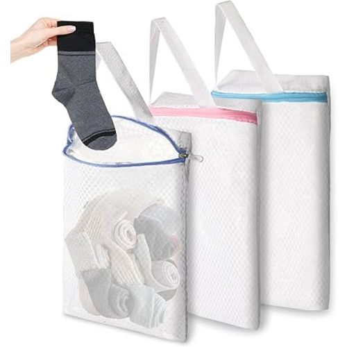3-PACK Hanging Mesh Laundry Bags with S Metal Hooks,10x12 Inch Hanging Socks Laundry Bags for Washing Machine
