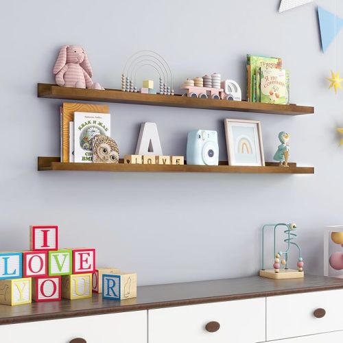 Picture Ledge Wall Shelves 48 inch Width Set of 2, Solid Pine Wood Rustic Floating Ledge Shelves for Wall for Kids' Room Bedroom Kitchen Bathroom Living Room Nursery Display Wall Decor, Walnut