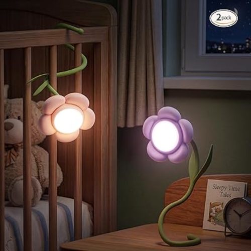 Cute Flower Nursery Night Light for Kids Bed Frame & Baby Room Decor, Rechargeable Breastfeeding Light for Midnight Feeds, Stepless Dimming & Flicker-Free, Portable Gooseneck Bedside Lamp 2PK