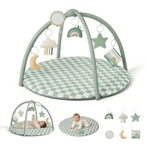 Blissful Diary Baby Play Gym Mat, Play Mat Activity Mat with 6 Detachable Toys for Stage-Based Sensory & Motor Skill Development, Easy to Install & Clean, Baby Essentials Gift, Sage Checkerboard