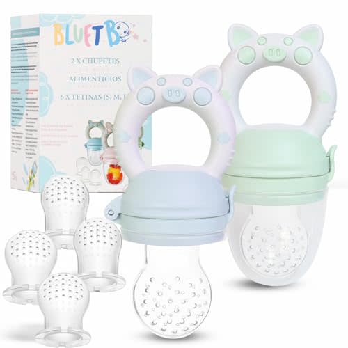 Bluet B- Baby Fruit Feeder Pacifier - BPA-Free Silicone Baby Food Feeder for Self-Feeding - Teething Relief - 4+ Months, 6 Silicone Nipples - 2 Pack Fresh Fruit Pacifier Frozen Teether - Blue & Green