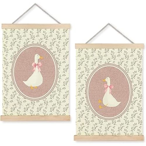 Nipil Floral Coquette Pink Bow Silly Goose Poster Hanger Frame, Rustic Farm Animal Cute Goose Aesthetic Hanging Canvas Framed Wall Art Decor for Girls Room Nursery Playroom, 12x16 Inch Set of 2