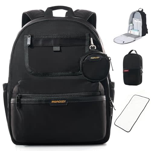 Momcozy GoEase Diaper Bag Backpack - Multi-Pocket, Waterproof and Durable Baby Bag with Changing Pad, Insulated Pouch, Stroller Straps & Laptop Compartment — Baby Essentials for Work and Travel, Black