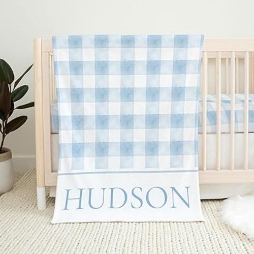 UnoCo Personalized Baby Boy Blanket, Blue Baby Blanket Boy, Blue Gingham Baby Blanket, Blue Crib Bedding Boy, Baby Boy Bedding