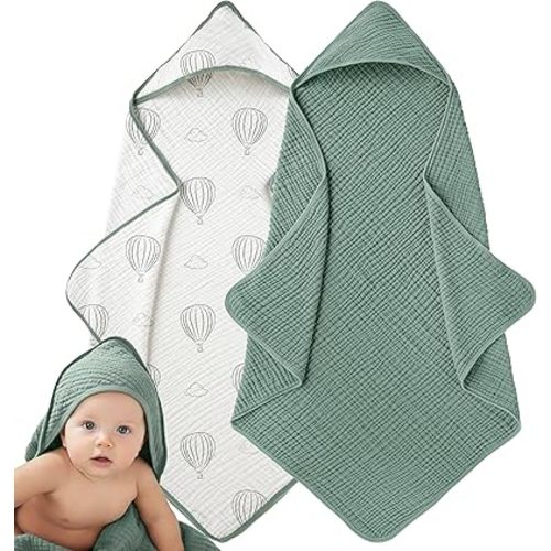Muslin Hooded Baby Towels for Newborns, 32"x32", 100% Cotton – 6 Layers Super Soft Absorbent Breathable, Baby Bath Towel, Toddler Bath Towel – Pack of 2