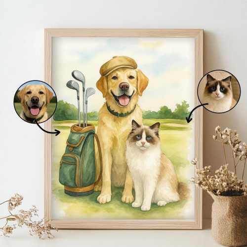 Custom Golf Dog Portrait, Personalized Pet Painting with Golf Bag, Funny Dog Art Gift for Golf Lovers, Dog Wall Art for Golfer Dad