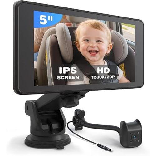 Baby Car Camera Monitor | 5" 1080P IPS Suction Cup Screen - 360° Rotation IR Night Vision 3X Zoom - USB Powered Headrest Mount for Baby Car Cam