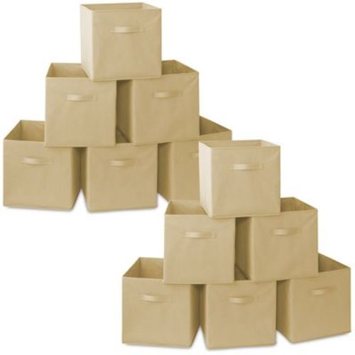 Casafield Set of 12 Collapsible Fabric Storage Cube Bins, Beige - 13" Foldable Cloth Baskets for Shelves and Cubby Organizers