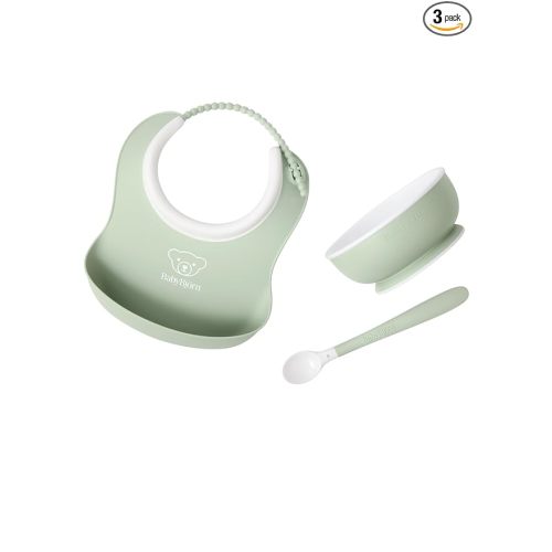 BabyBjörn Baby Feeding Set, 3 pcs, Powder Green | Includes Baby Plate, Baby Spoon, | Dishwasher Safe | Toddler Feeding Set for self-Feeding or Baby-led weaning