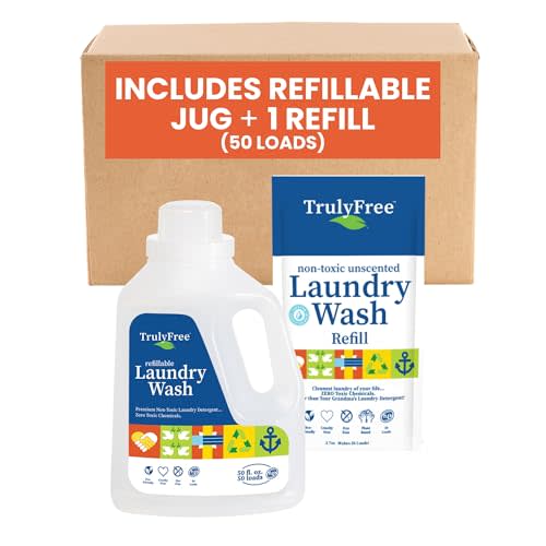 Truly Free Laundry Wash Detergent for Sensitive Skin, Gentle & Safe for Baby Clothes | Plant-Based, Natural Ingredients | Unscented | Include 1 Refillable Bottle (50 Loads)