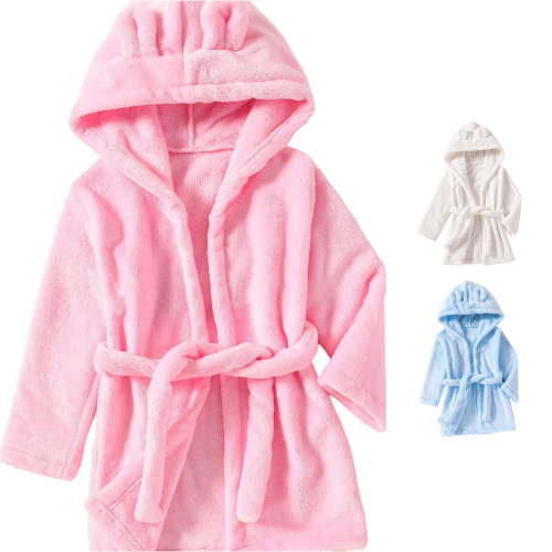 REDARER Girls Solid Plush Bathrobe Cute Bear Ear Hood Self Tie Belt Warm Thickened Casual Loungewear Sleep Robe