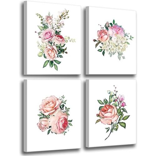 Pink Rose Framed Canvas Wall Art Set，Pink Rose Canvas Painting Flower Wall Art,Modern Wall Decor，Bathroom Living Room Girls Bedroom -Framed, 8"x10"x3