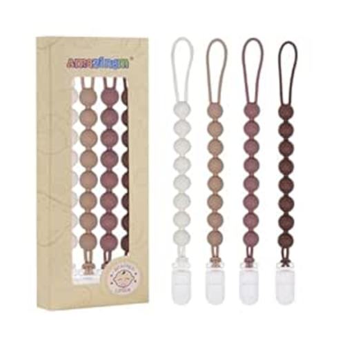 4 Pcs Brown Baby Silicone Teething Pacifier Clip,One-piece Design,Round Shape,Smooth Surface,BPA Free.