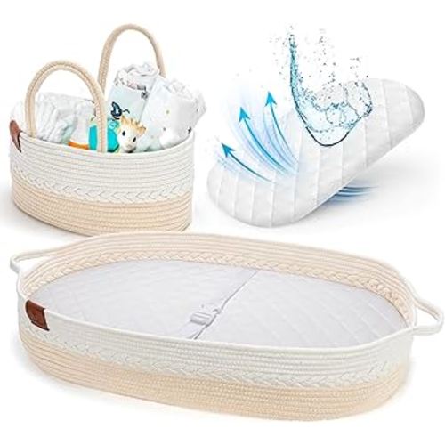Deluxe Baby Changing Basket for Baby Dresser, Cotton Moses Baskets for Newborn, Babies Change Unisex Moses Changing Bassinet for Dresser, Foam Changing Pad Basket Changing Table Topper, Diaper Caddy