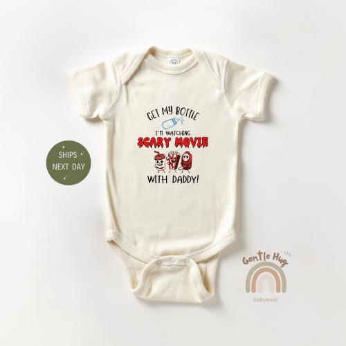 Funny Scary Movie Baby Bodysuit, Watching with Daddy Baby Bodysuit, Movie Night Baby Outfit, Cute Baby Gift for Halloween or Anytime