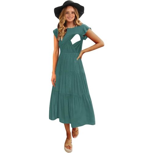Womens Flutter Short Sleeve Smocked Tiered Nursing Dress for Breastfeeding