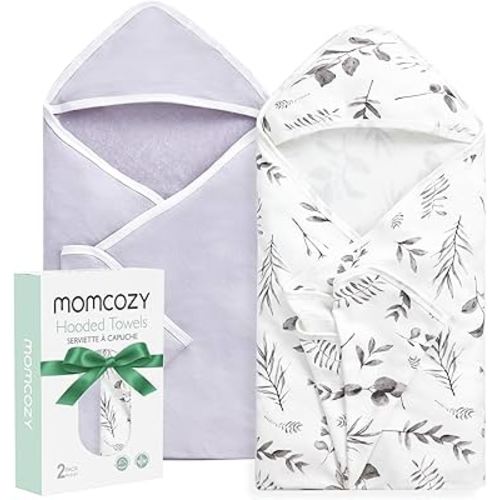 Momcozy Baby Hooded Towel-Made from Cotton, Suitable for Newborn Shower Gifts, 2 Count (Pack of 1), 28 X 28 Inch, Ink Wash Leaves