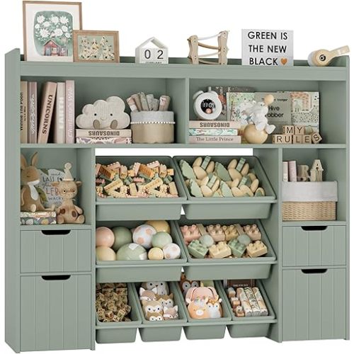 HORSTORS 55" W Toy Storage Organizer with Drawers, Large Kids Toy Storage Box with Removable Bins, Tall Kids Bookshelf and Bookcase for Boys and Girls, Modern Toy Chest for Playroom, Classroom, Green