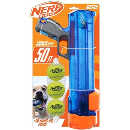 Nerf Dog Tennis Ball Blaster Dog Toy Gift Set, Tennis Ball Dog Fetch Toy Launches up to 50 ft, Dog Ball Thrower for All Breeds Includes Translucent Blue Tennis Ball Launcher and 3 Dog Tennis Balls