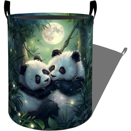Romantic Moonlight Panda Love Laundry Basket with Handles, 19.7"x15.7" Clothes Foldable Laundry Hamper Organizer for Dorm Nursery Bedroom Bathroom Decor, Toy Storage Bin for Kids