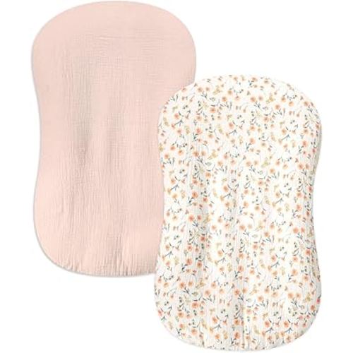 Hooyax Baby Lounger Cover 2 Pack - 100% Muslin Cotton Newborn Lounger Pillow Covers Only, Soft Breathable Infant Lounger Cover with Reinforced Stitching, Fits Most Standard Baby Loungers (Pink Floral)