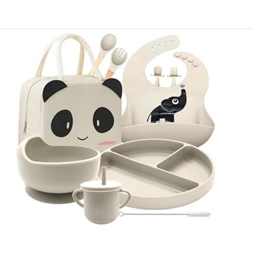 Baby Weaning Set with Adjustable bib | baby feeding set with Sippy Cup, Suction Plate, Bowl & Self-Feeding Cutlery | Silicone Feeding essentials Dishwasher & Microwave Safe (Beige)
