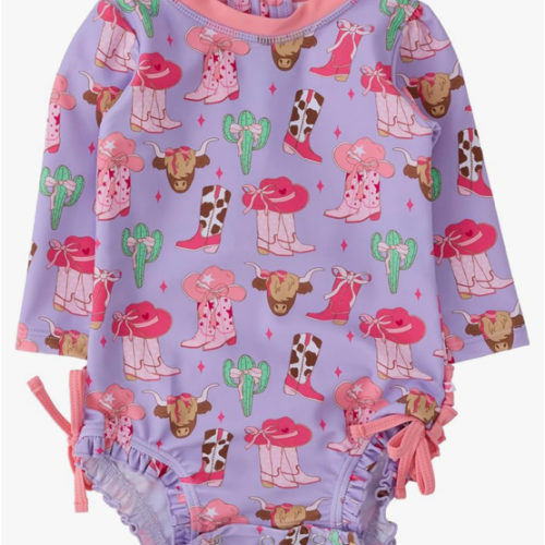 RuffleButts Baby Girls UPF 50+ Sun Protection Floral Printed Long Sleeve One Piece Rash Guard Swimsuit with Zipper