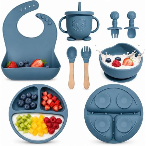 Silicone Baby Feeding Utensils Set for 6+ Months, 8 Pcs, Blue