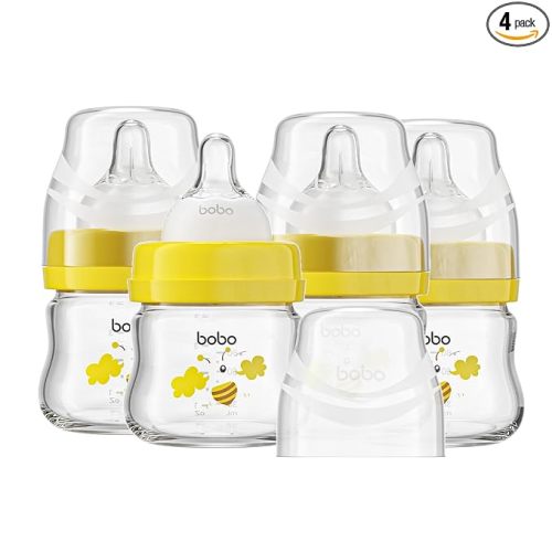 YOHKOH Glass Baby Bottles with Slow Flow Nipple, Newborn Anti-Colic Baby Bottles for 0+ Months, Wide Neck Feeding Bottle, Clear (Yellow, 2.7oz (Pack of 4))