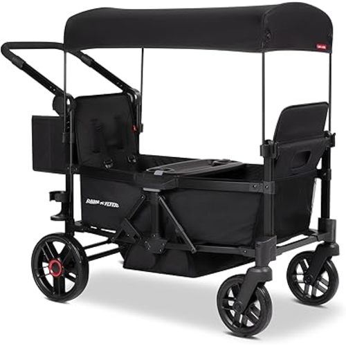 Radio Flyer Voya 2.0 2-Seat Stroller Wagon, for Kids 6+ Months, Lightweight, Compact, Foldable, UV Canopy, Included Storage, Seats Convert to Flatbed, Stroller Wagon for Kids