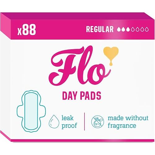 Flo - Day Menstrual Pads (88 Pack) - Organic Bamboo Period Pads for Women - Regular Flow - Leak Locking - Winged, Ultra-Thin - Absorbent, Soft & Breathable - Plant Based – Vegan, Cruelty Free