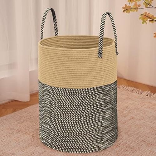 Large Woven Laundry Basket Hamper,80L Cotton Rope Storage Bin for Blankets,Toys and Clothes,Decorative Tall Nursery Hamper for Living Room,Baby Nursery,Bathroom and Bedroom,Brown and Black