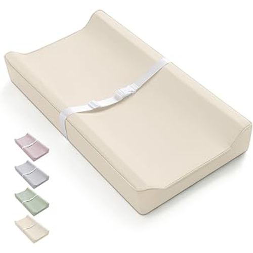 Blissful Diary Vegan Leather Baby Changing Pad with Waterproof & Wipe-Clean PU Cover, Standard Size Cozy Diaper Changing Pad for Dresser and Table, Beige