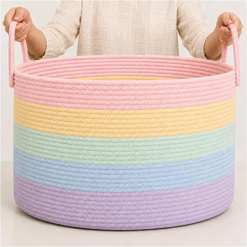 OrganiHaus Rainbow Toy Basket & Blanket Storage Bin, Nursery 20x13"