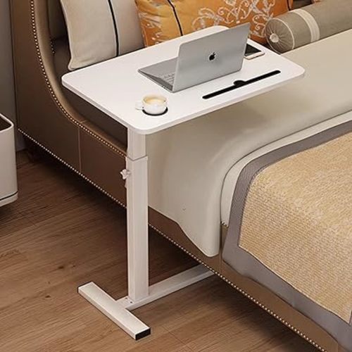 Overbed Table,Over The Bed Table with Hidden Wheels&Cup Holder,Adjustable Bedside Table and Rolling Table Tray&Laptop Cart,Hospital Table Over Bed for Home Use-White