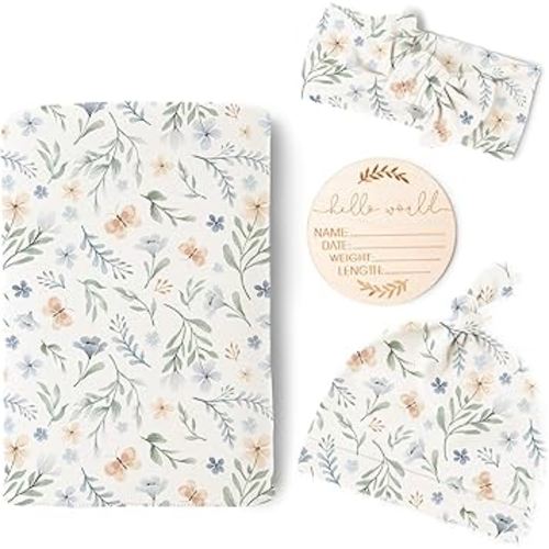 Konssy Baby Girl Newborn Receiving Blanket with Matching Headband and Beanie Set Baby Swaddle Nursery Swaddle Wrap