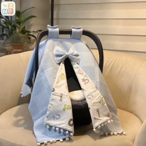 Ice Blue Cotton BABY Car Seat COVER, Waffle–Poplin-abric, Number-Safari Pattern, Stroller Canopy Pram Liner – WF-20