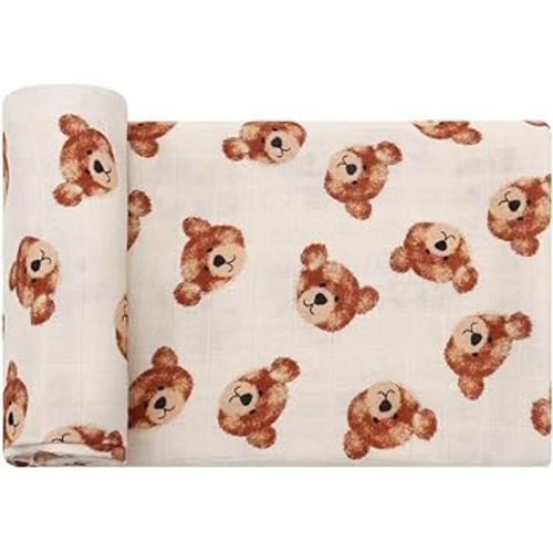 LifeTree Muslin Baby Swaddle Blankets, Boys Girls Muslin Swaddling Wrap Receiving Blanket for Newborn, 70% Viscose from Bamboo and 30% Cotton, Large 47" x 47", Bear Head Pattern