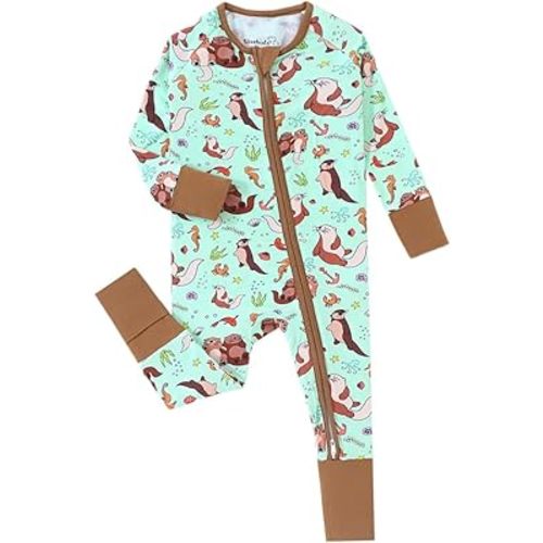Seals Print Bamboo Fiber Baby Romper with 2 Way Zipper and Long Sleeve Romper for Boys and Girls